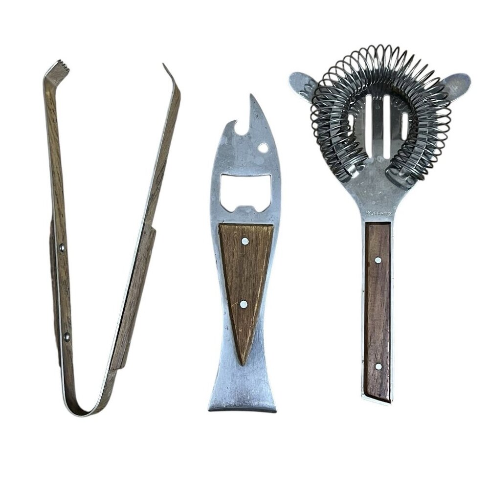 Vintage Hoffritz Bar Set Barware Tools Ice Tongs Opener Strainer Made in Japan